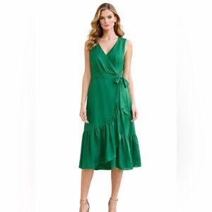 LaRoque Emerald Green Silk Wrap Dress Ruffle Hem Elegant Garden Party Midi